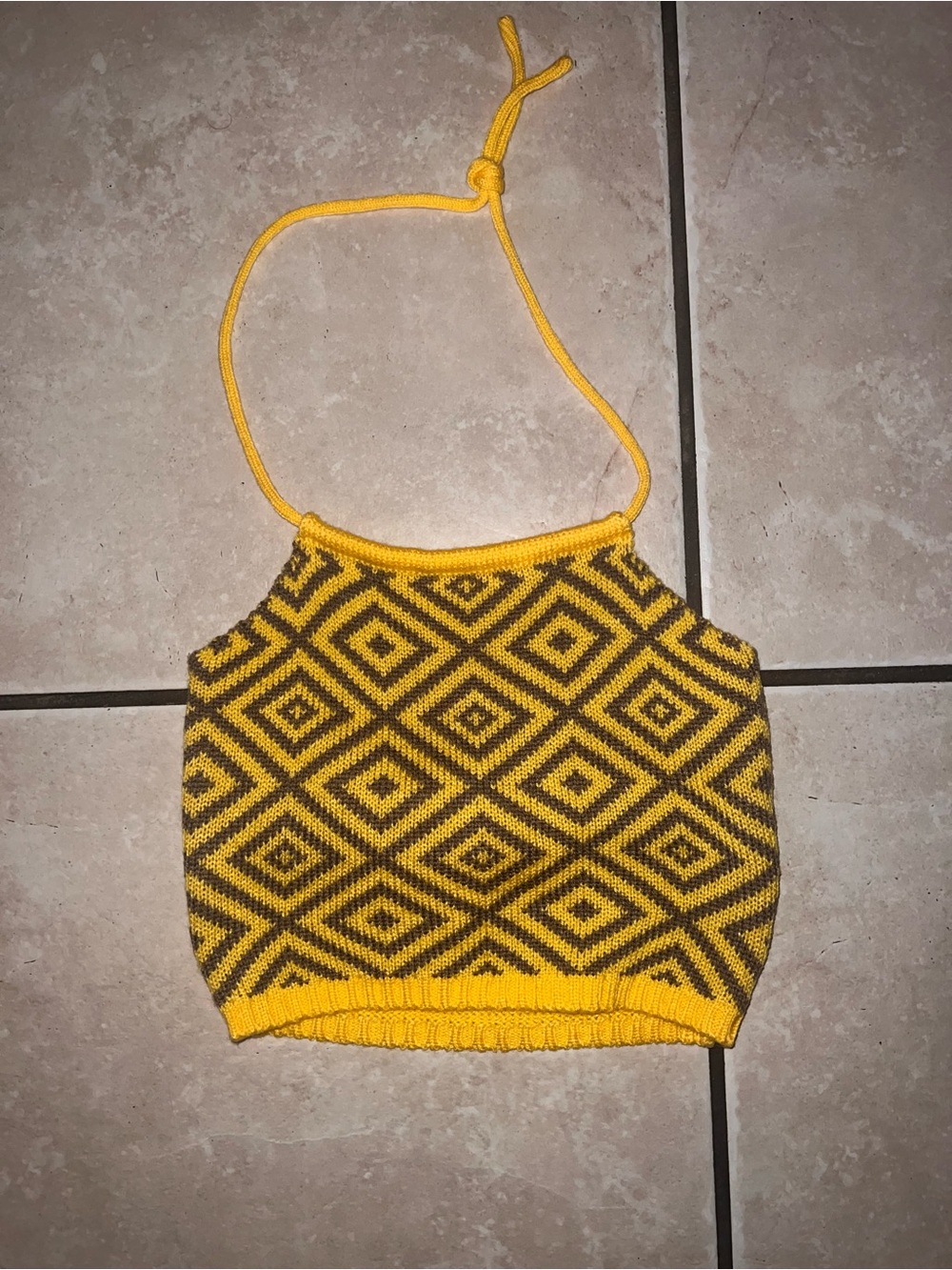 NWOT Yellow & Brown Geometric Knit Halter Crop Top